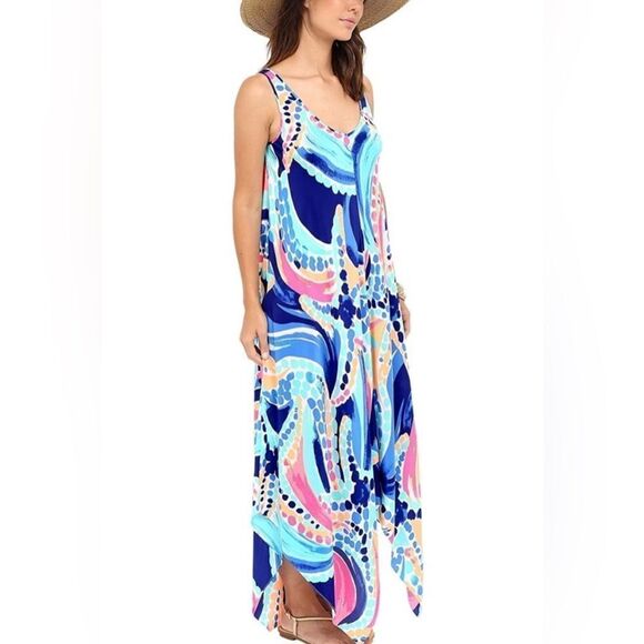LILLY PULITZER Anise Ocean Jewels Waterfall Double V Silk Maxi Dress Size L - Picture 2 of 13